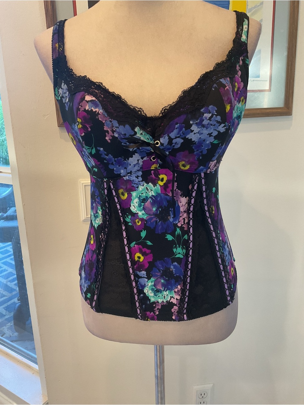 Frederick's of Hollywood Black Floral Lace-Trim Bustier Camisole